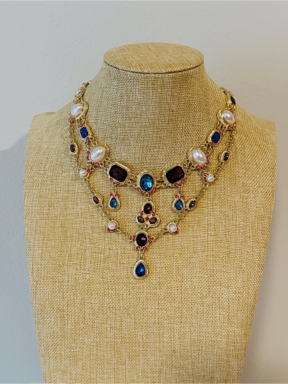 Fashion Jewelry Gold-Tone Multi-Gem Necklace with Blue, White and Red Accents